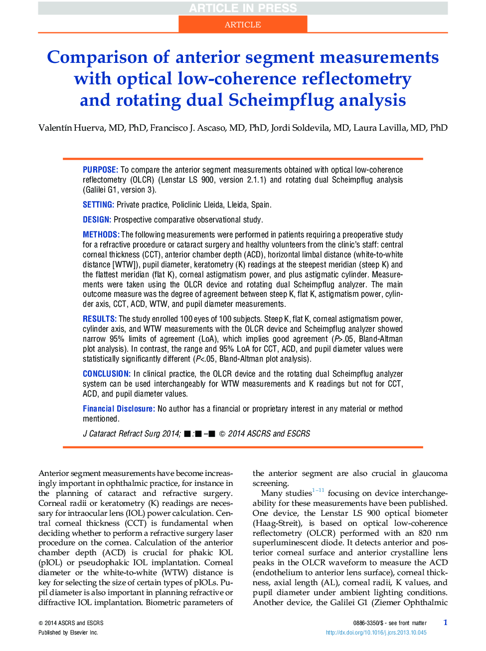 Comparison of anterior segment measurements with optical low-coherence reflectometry andÂ rotating dual Scheimpflug analysis