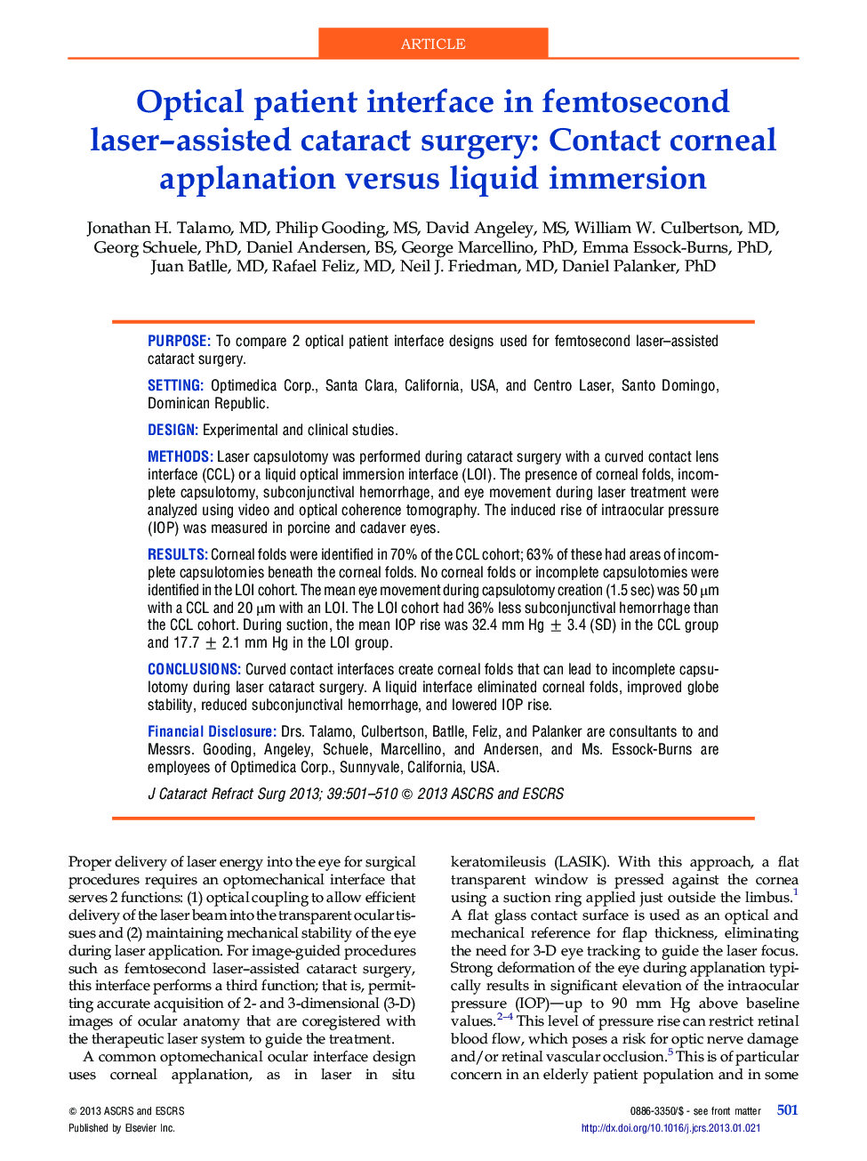 Optical patient interface in femtosecond laser-assisted cataract surgery: Contact corneal applanation versus liquid immersion