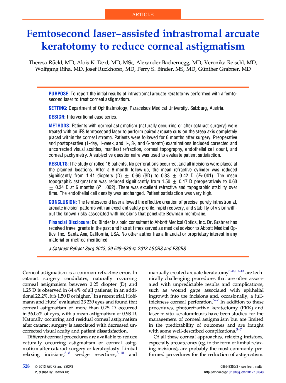 Femtosecond laser-assisted intrastromal arcuate keratotomy to reduce corneal astigmatism