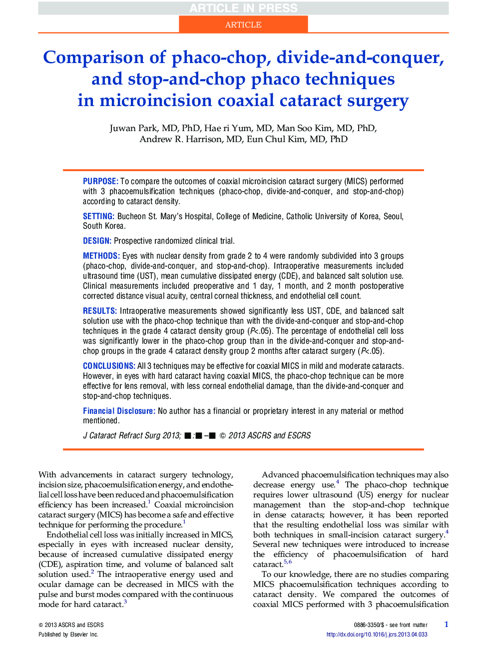 Comparison of phaco-chop, divide-and-conquer, and stop-and-chop phaco techniques in microincision coaxial cataract surgery