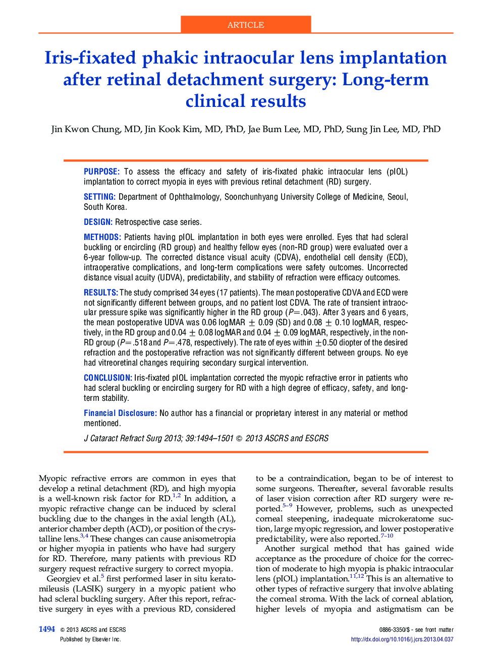 Iris-fixated phakic intraocular lens implantation after retinal detachment surgery: Long-term clinical results 