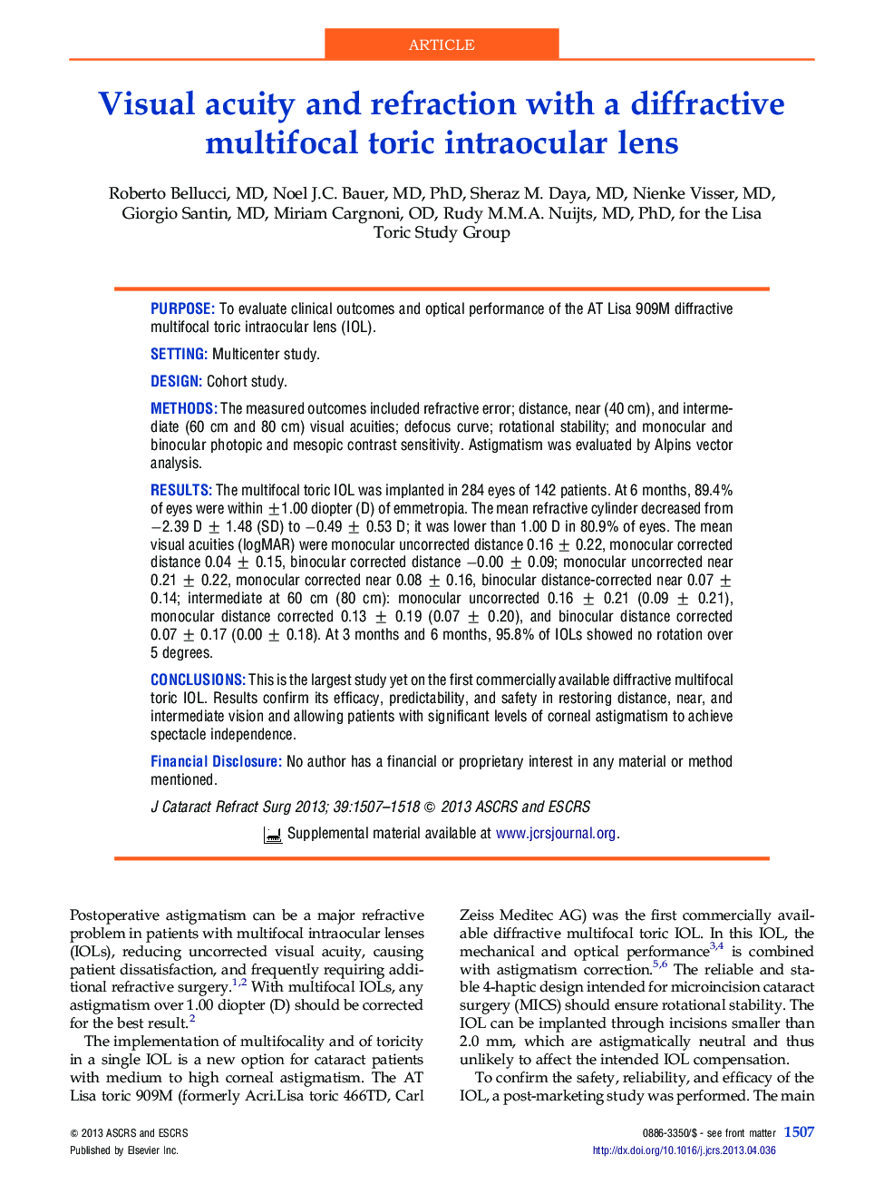 Visual acuity and refraction with a diffractive multifocal toric intraocular lens