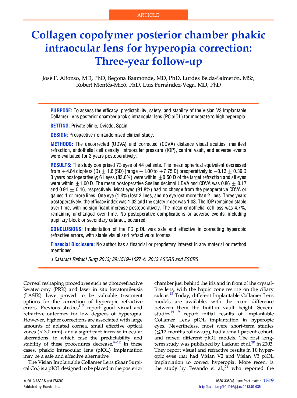 Collagen copolymer posterior chamber phakic intraocular lens for hyperopia correction: Three-year follow-up