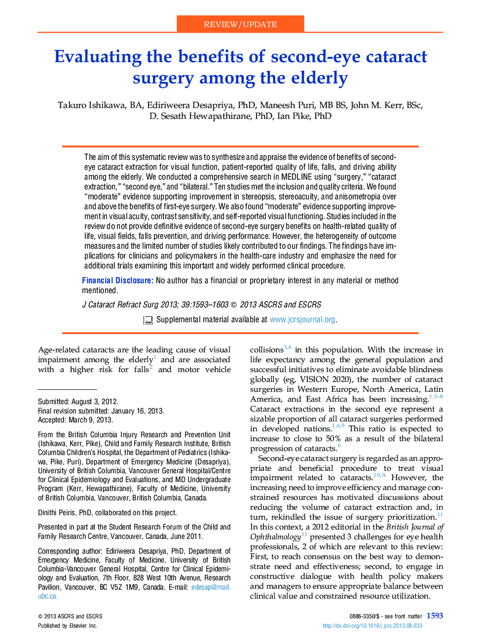 Evaluating the benefits of second-eye cataract surgery among the elderly