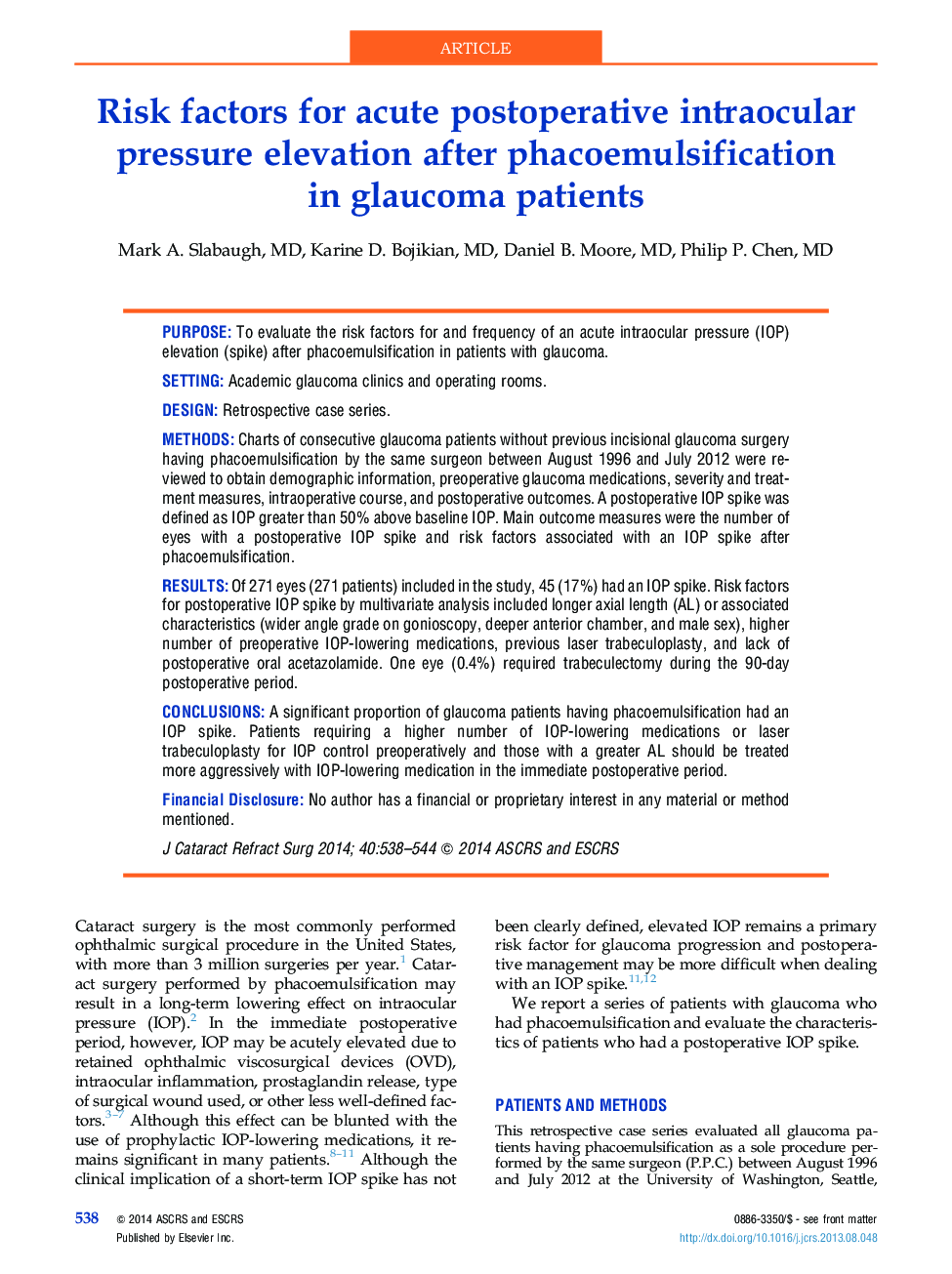 Risk factors for acute postoperative intraocular pressure elevation after phacoemulsification in glaucoma patients 