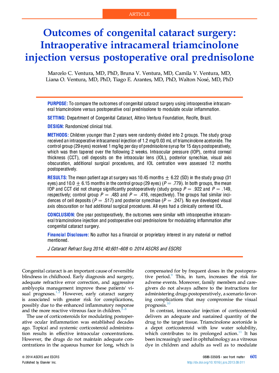 Outcomes of congenital cataract surgery: Intraoperative intracameral triamcinolone injection versus postoperative oral prednisolone