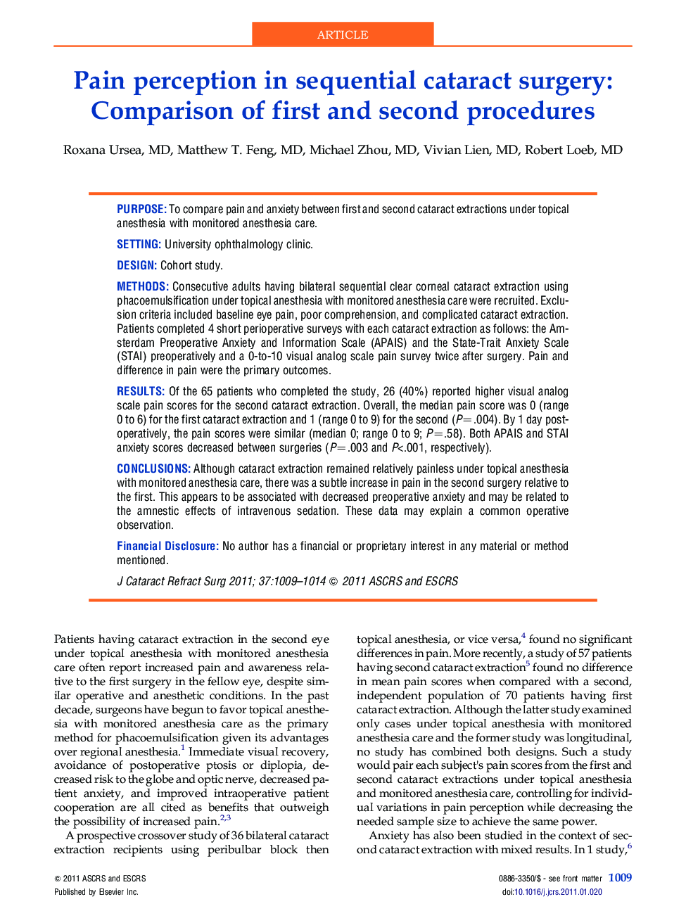 Pain perception in sequential cataract surgery: Comparison of first and second procedures