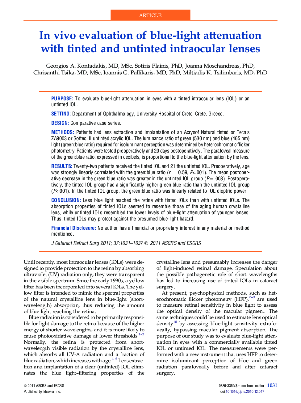 In vivo evaluation of blue-light attenuation with tinted and untinted intraocular lenses