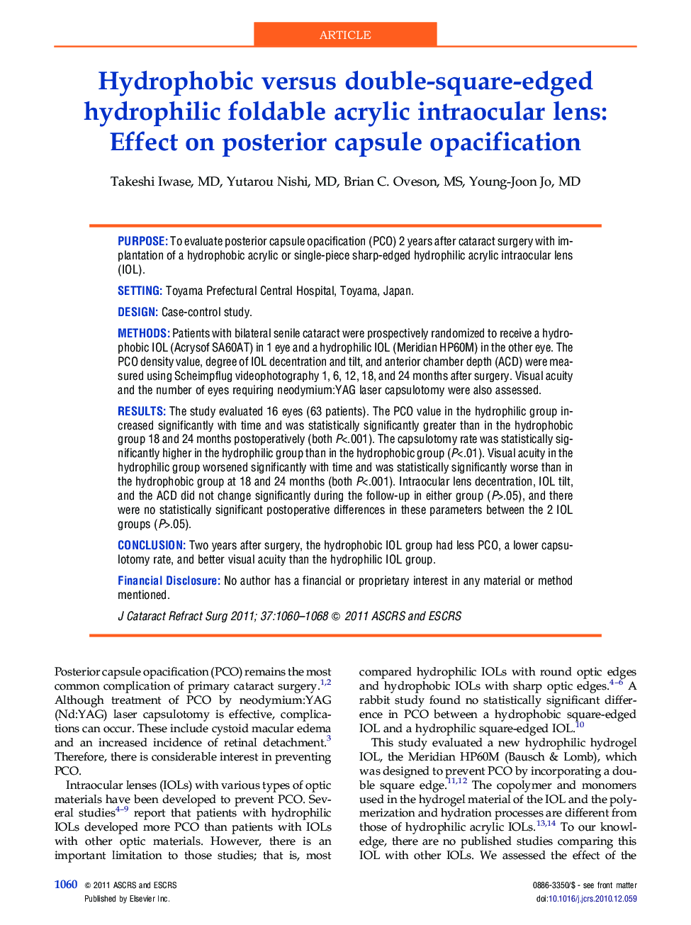 Hydrophobic versus double-square-edged hydrophilic foldable acrylic intraocular lens: Effect on posterior capsule opacification