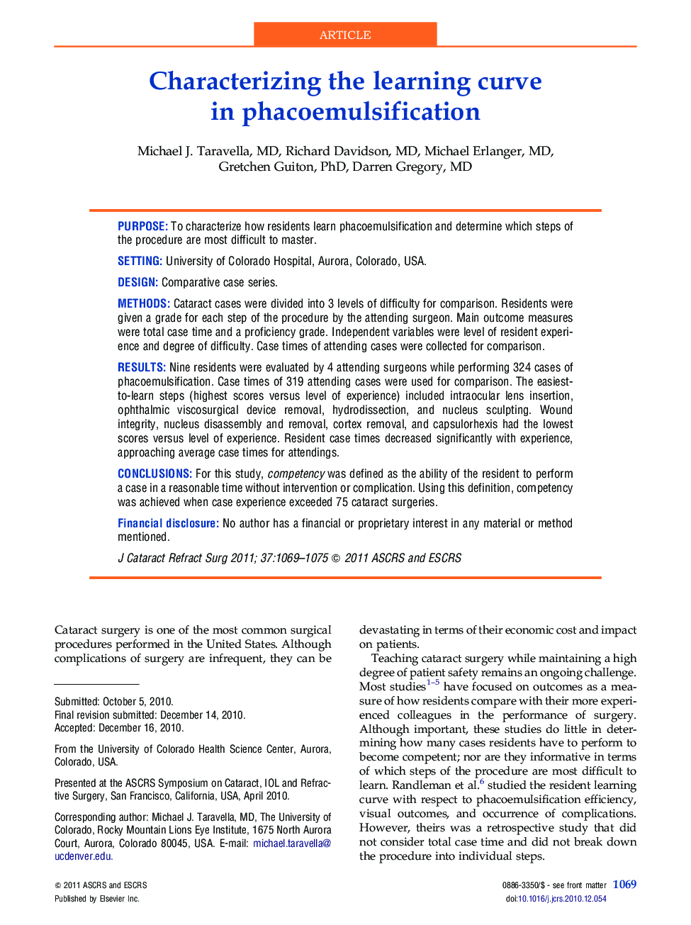 Characterizing the learning curve in phacoemulsification