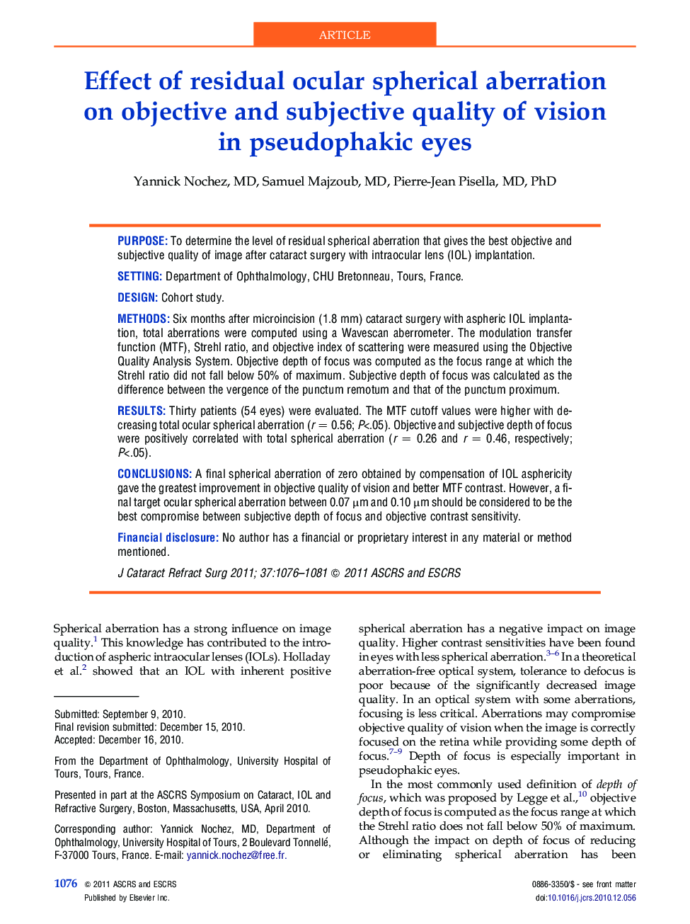 Effect of residual ocular spherical aberration on objective and subjective quality of vision in pseudophakic eyes