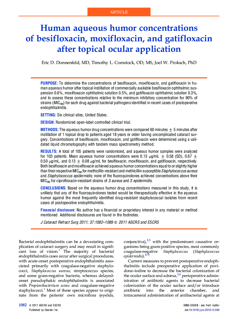 Human aqueous humor concentrations of besifloxacin, moxifloxacin, and gatifloxacin after topical ocular application