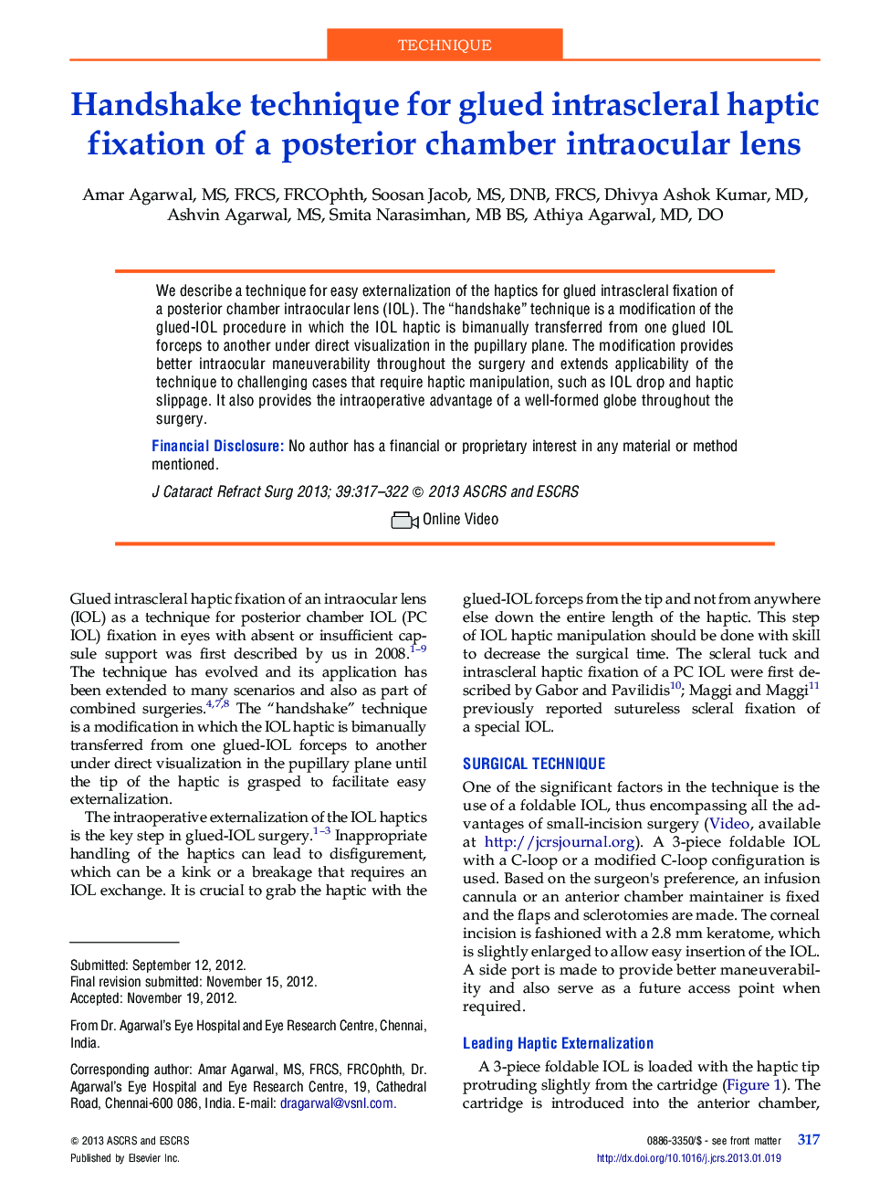 Handshake technique for glued intrascleral haptic fixation of a posterior chamber intraocular lens