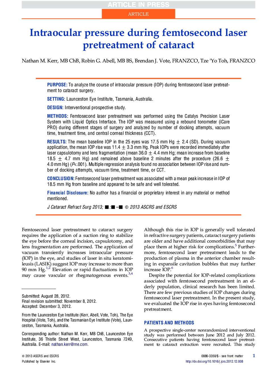 Intraocular pressure during femtosecond laser pretreatment of cataract