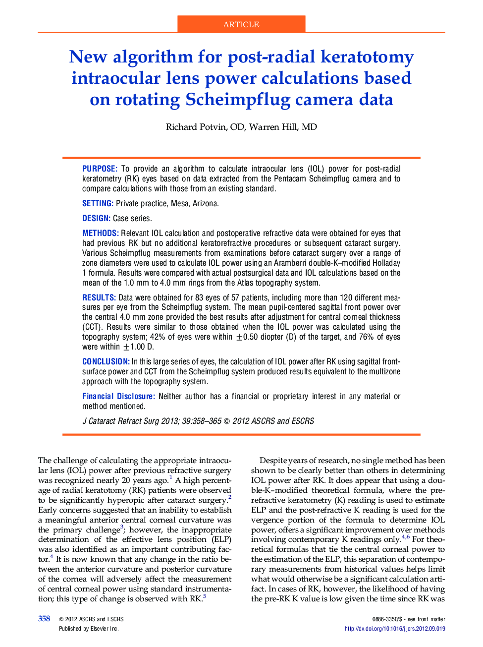 New algorithm for post-radial keratotomy intraocular lens power calculations based on rotating Scheimpflug camera data