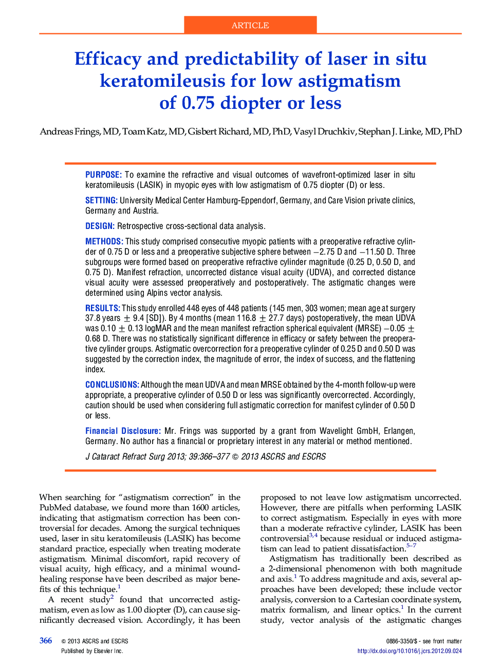 Efficacy and predictability of laser in situ keratomileusis for low astigmatism of 0.75 diopter or less