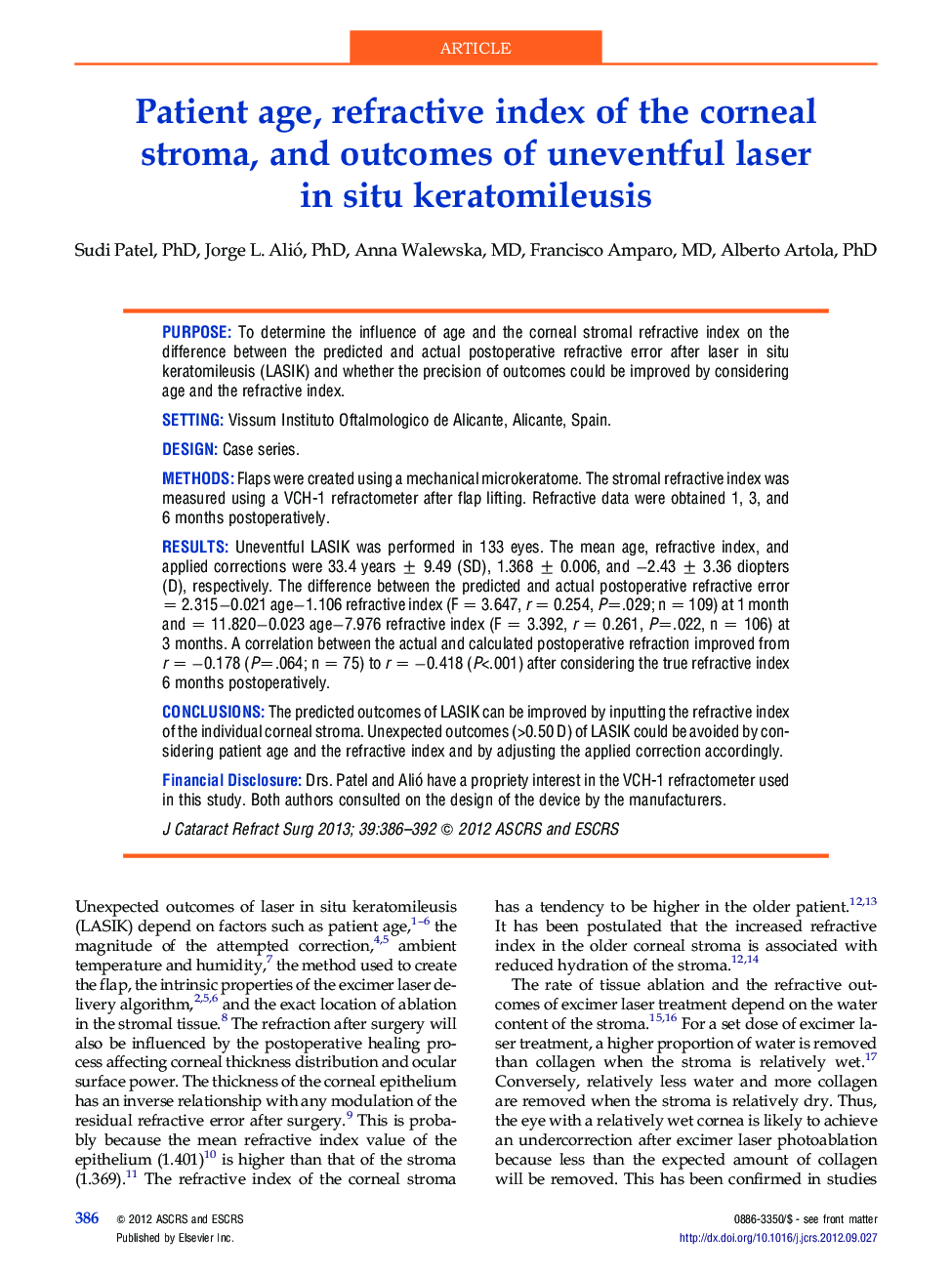 Patient age, refractive index of the corneal stroma, and outcomes of uneventful laser in situ keratomileusis
