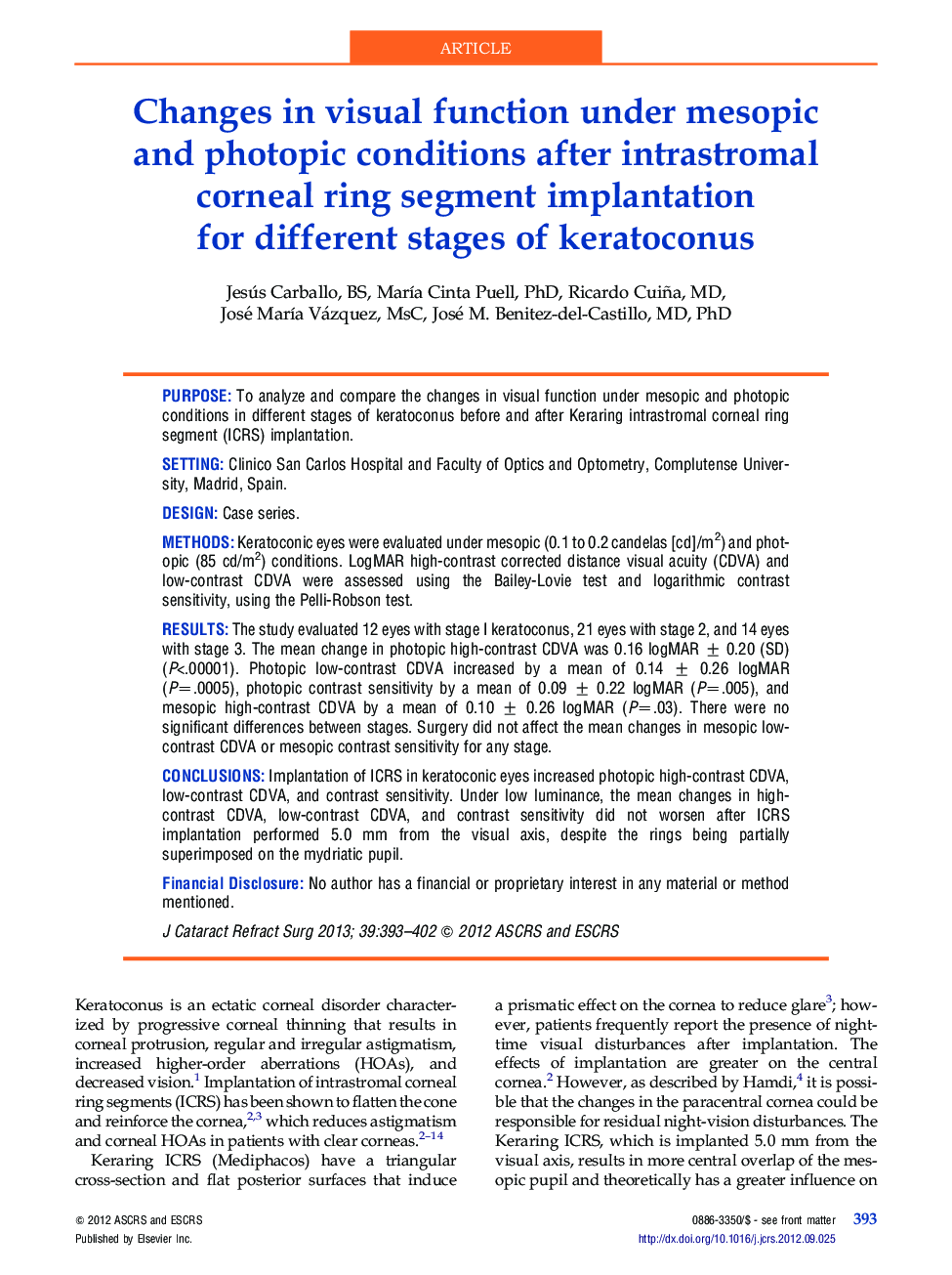 Changes in visual function under mesopic and photopic conditions after intrastromal corneal ring segment implantation for different stages of keratoconus