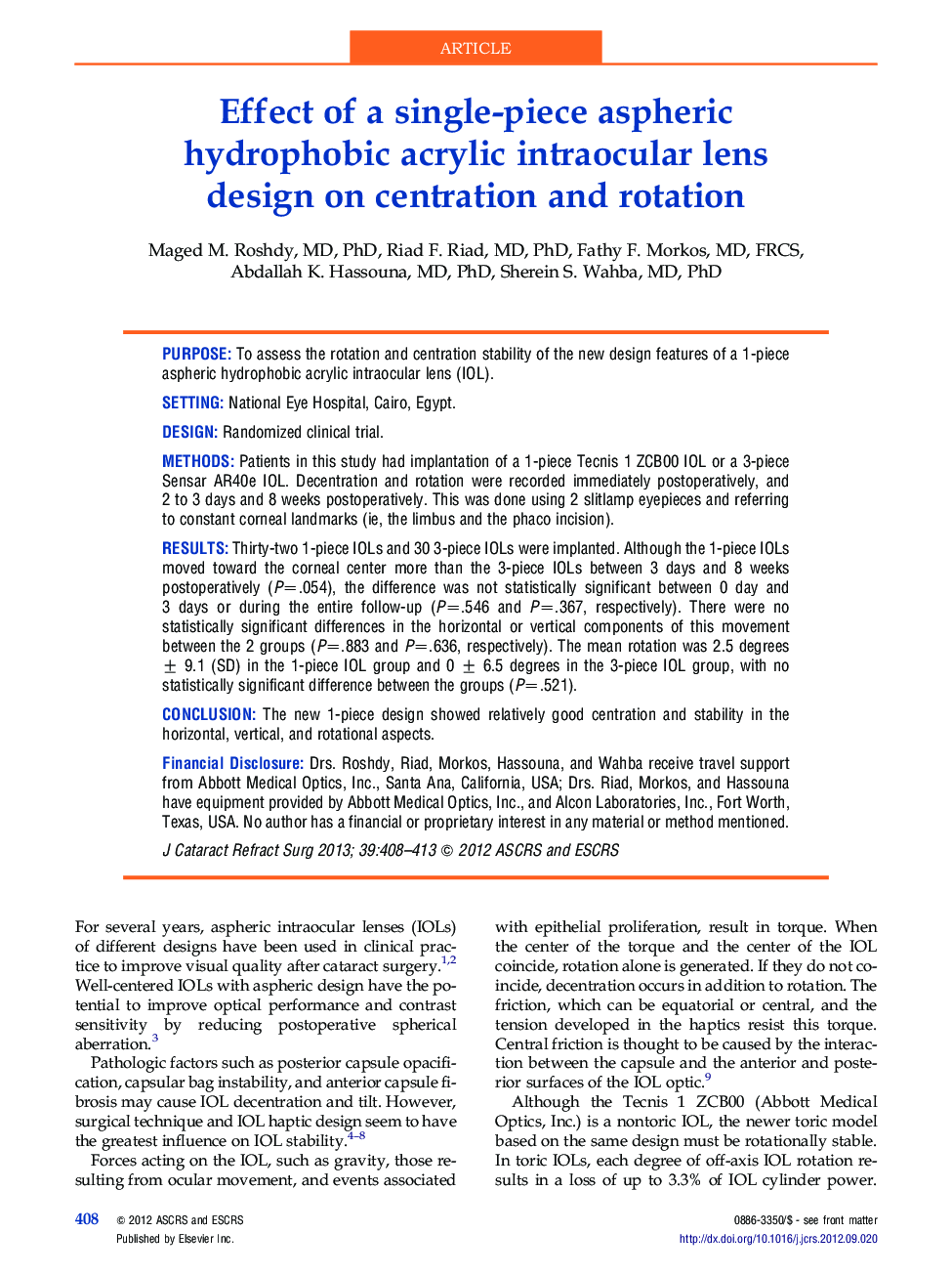 Effect of a single-piece aspheric hydrophobic acrylic intraocular lens design on centration and rotation