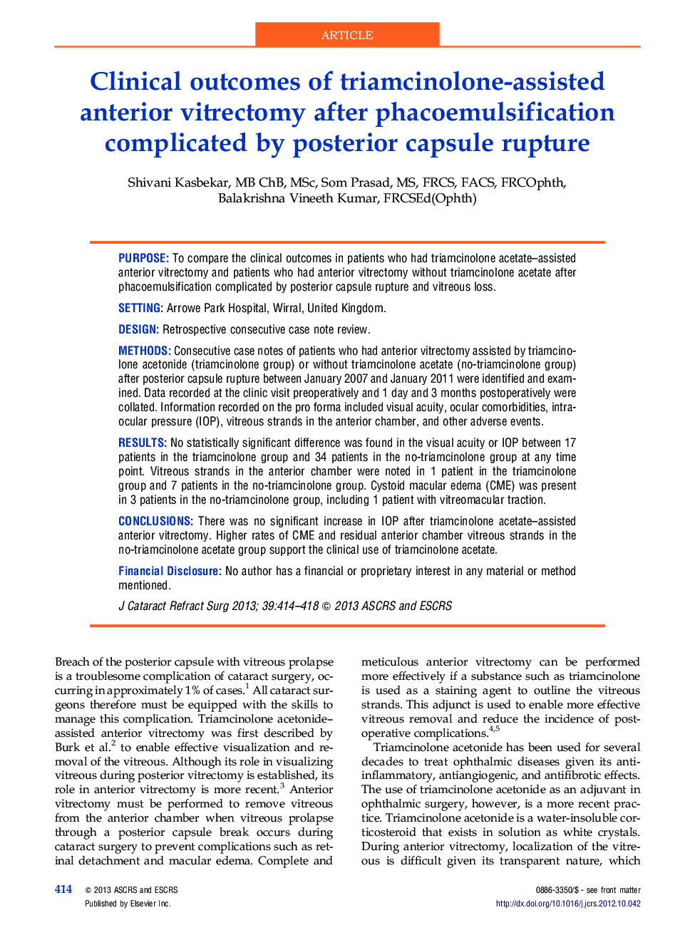 Clinical outcomes of triamcinolone-assisted anterior vitrectomy after phacoemulsification complicated by posterior capsule rupture