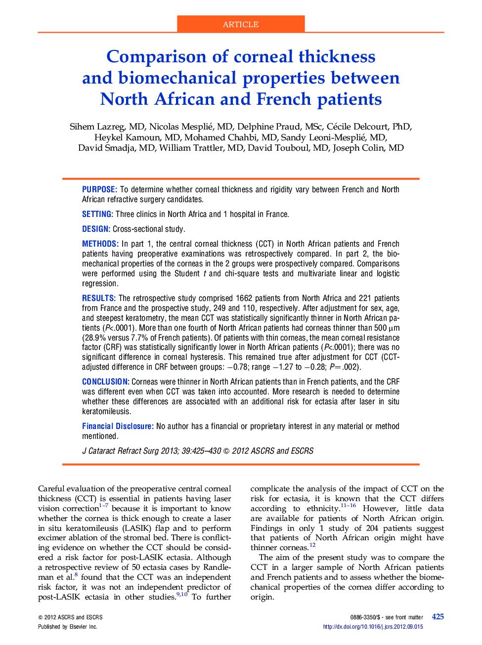 Comparison of corneal thickness and biomechanical properties between North African and French patients
