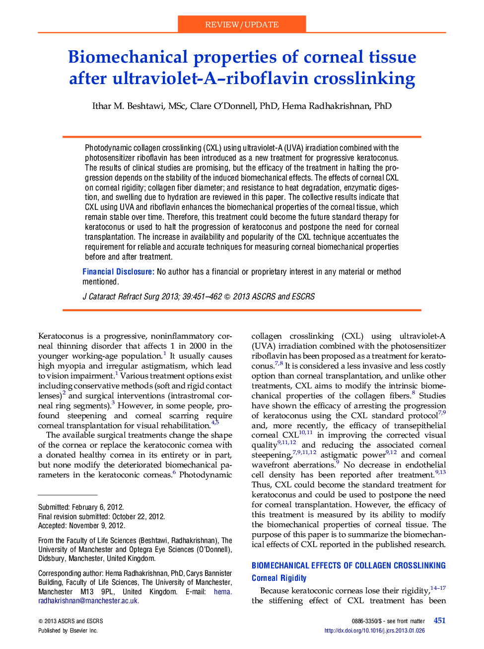 Biomechanical properties of corneal tissue after ultraviolet-A-riboflavin crosslinking