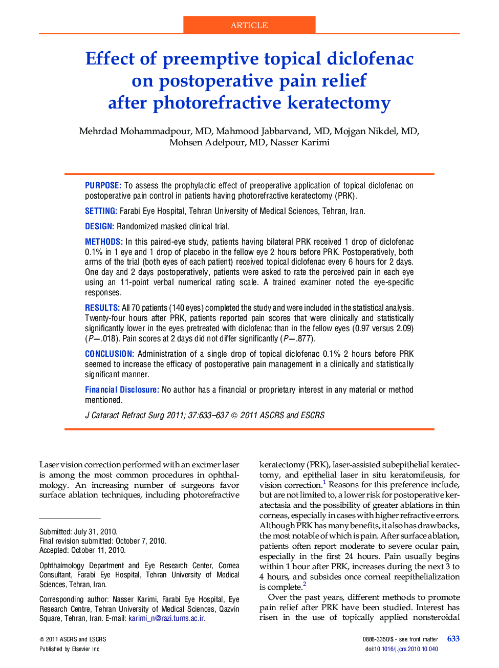 Effect of preemptive topical diclofenac on postoperative pain relief after photorefractive keratectomy