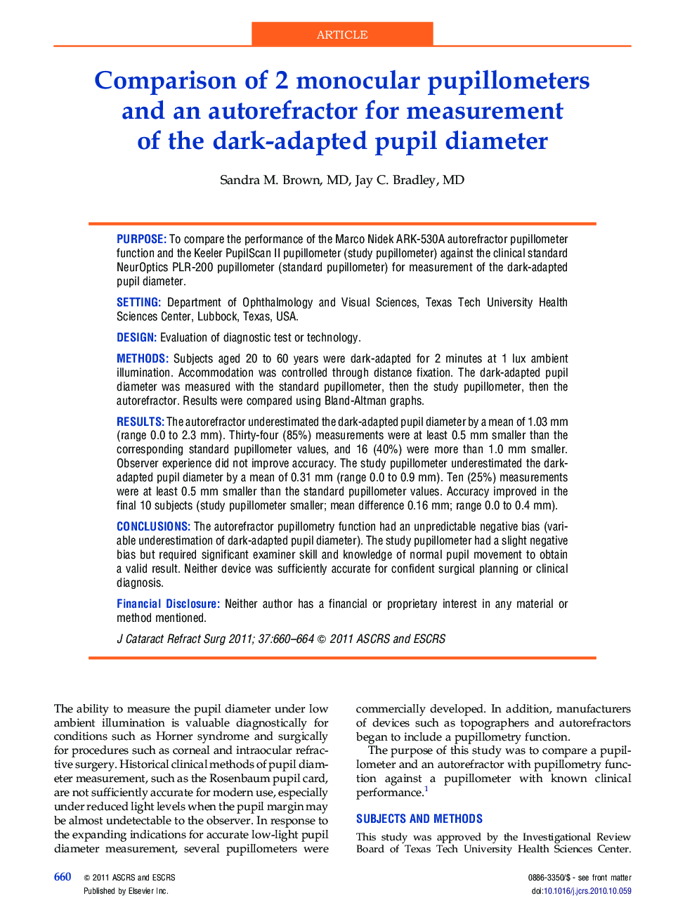 Comparison of 2 monocular pupillometers and an autorefractor for measurement of the dark-adapted pupil diameter