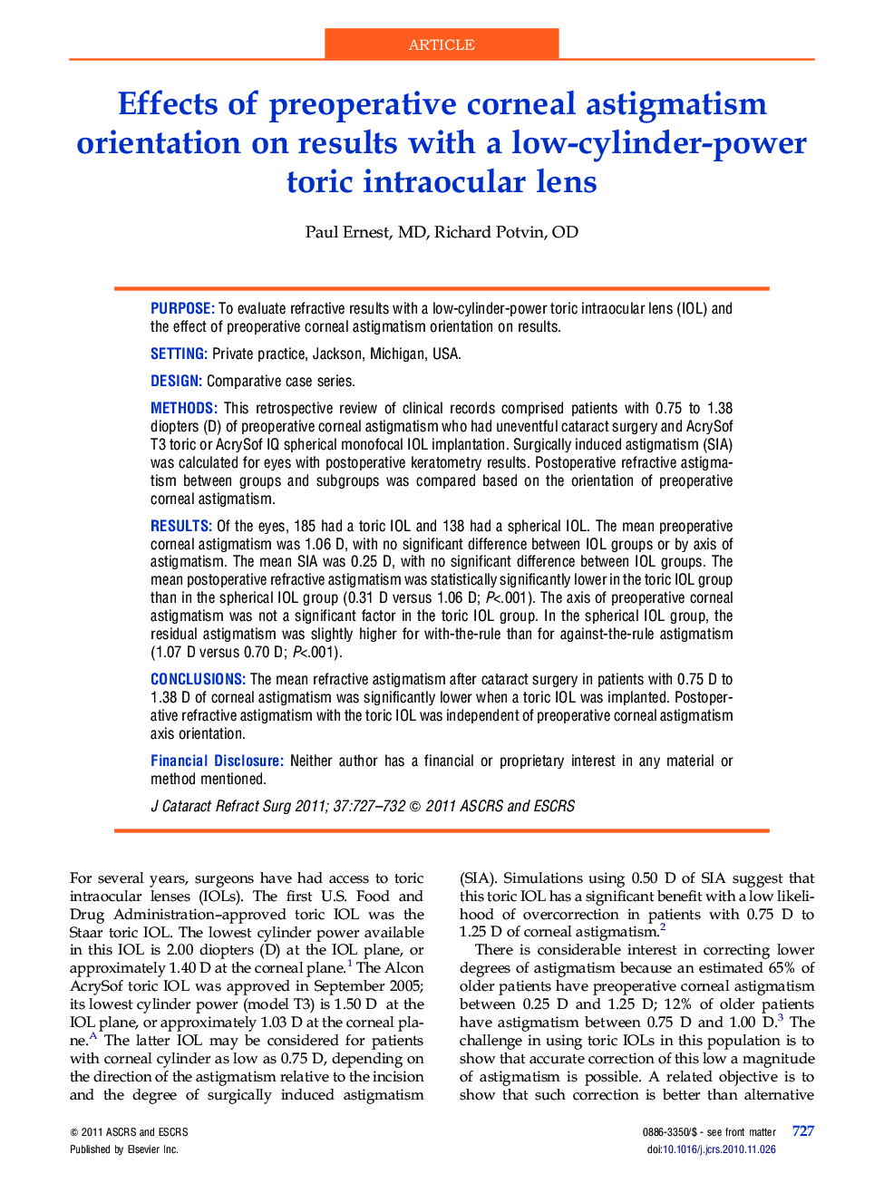 Effects of preoperative corneal astigmatism orientation on results with a low-cylinder-power toric intraocular lens 