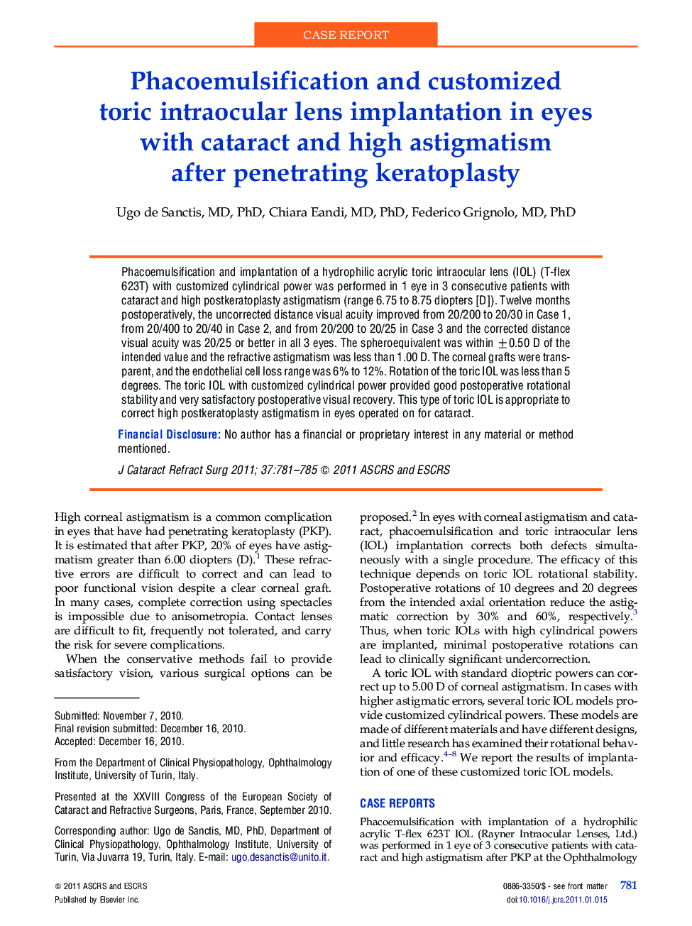 Phacoemulsification and customized toric intraocular lens implantation in eyes with cataract and high astigmatism after penetrating keratoplasty