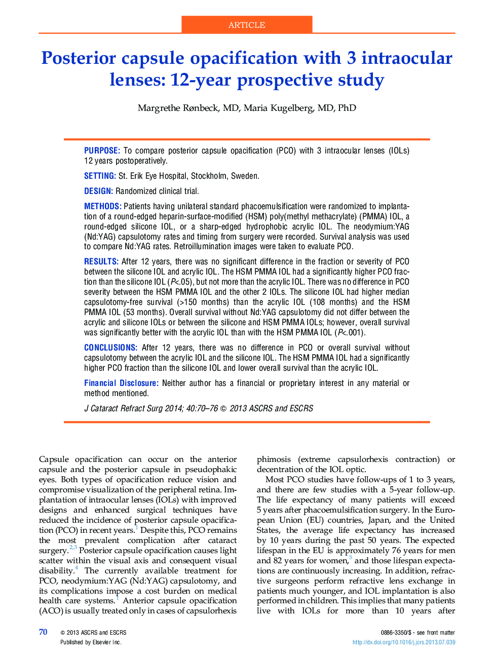 Posterior capsule opacification with 3 intraocular lenses: 12-year prospective study