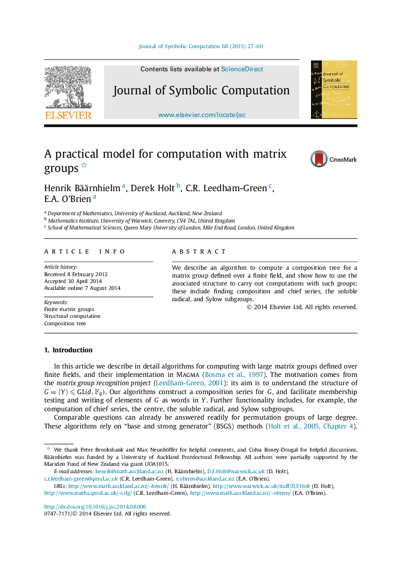 A practical model for computation with matrix groups 