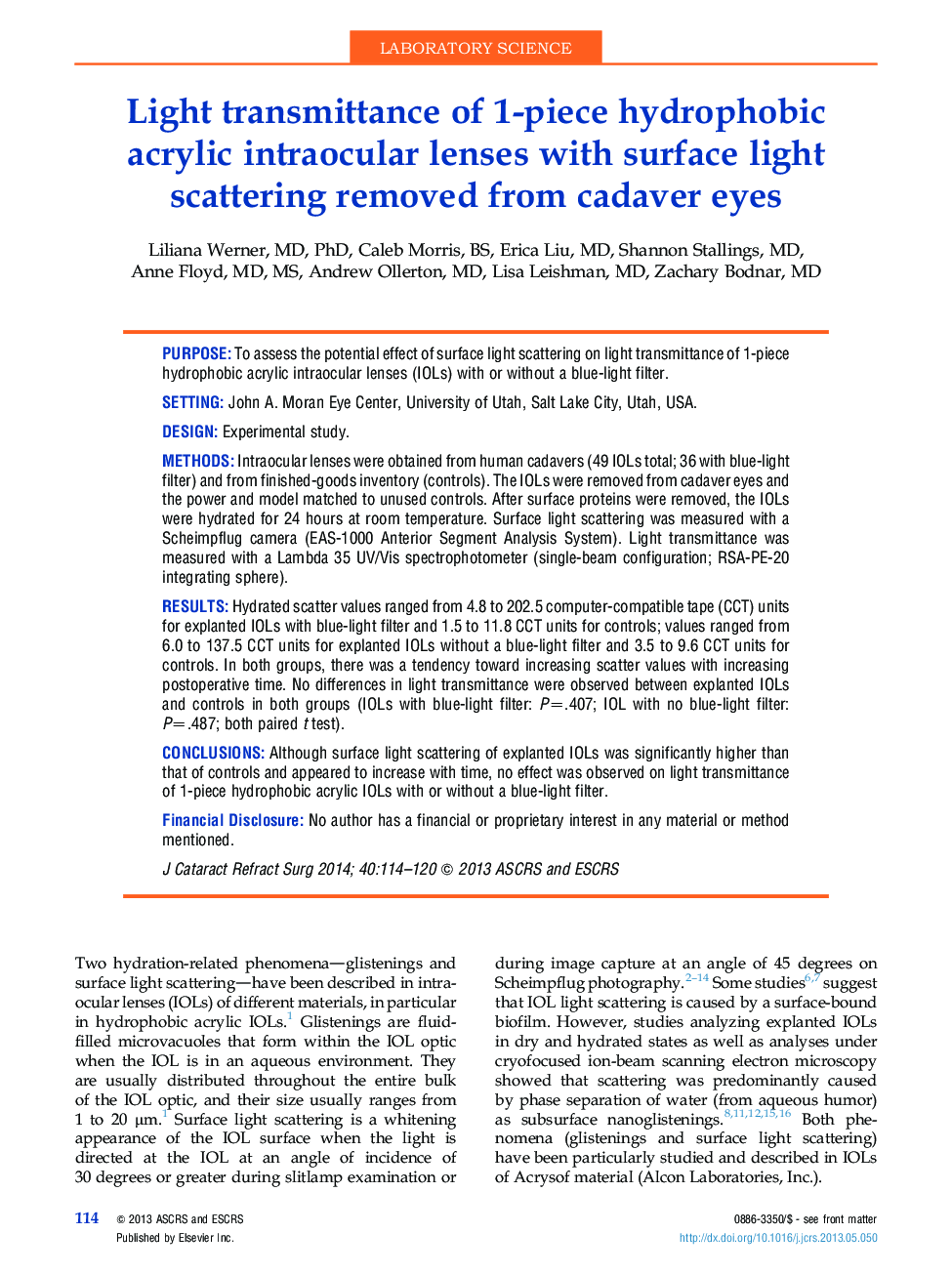 Light transmittance of 1-piece hydrophobic acrylic intraocular lenses with surface light scattering removed from cadaver eyes