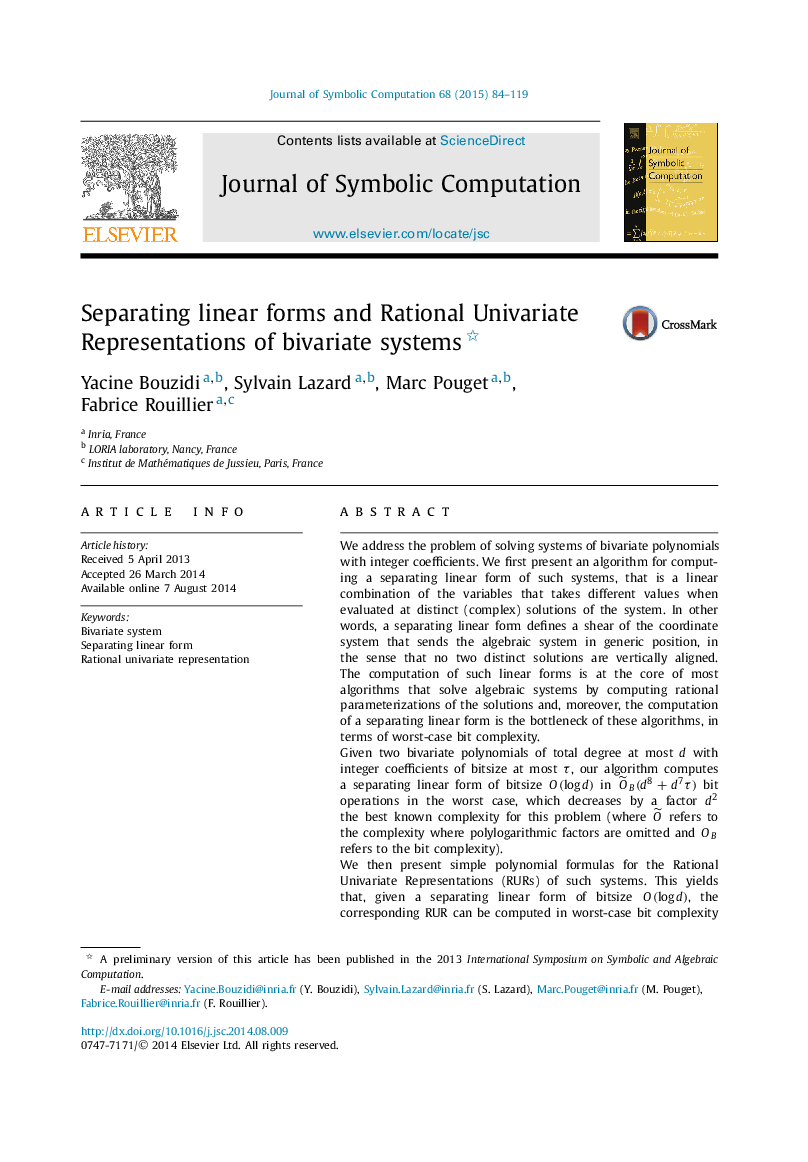 عکس صفحه اول مقاله: Separating linear forms and Rational Univariate Representations of bivariate systems Separating linear forms and Rational Univariate Representations of bivariate systems