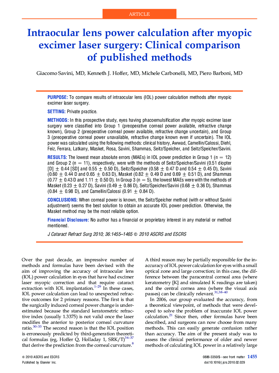 Intraocular lens power calculation after myopic excimer laser surgery: Clinical comparison of published methods