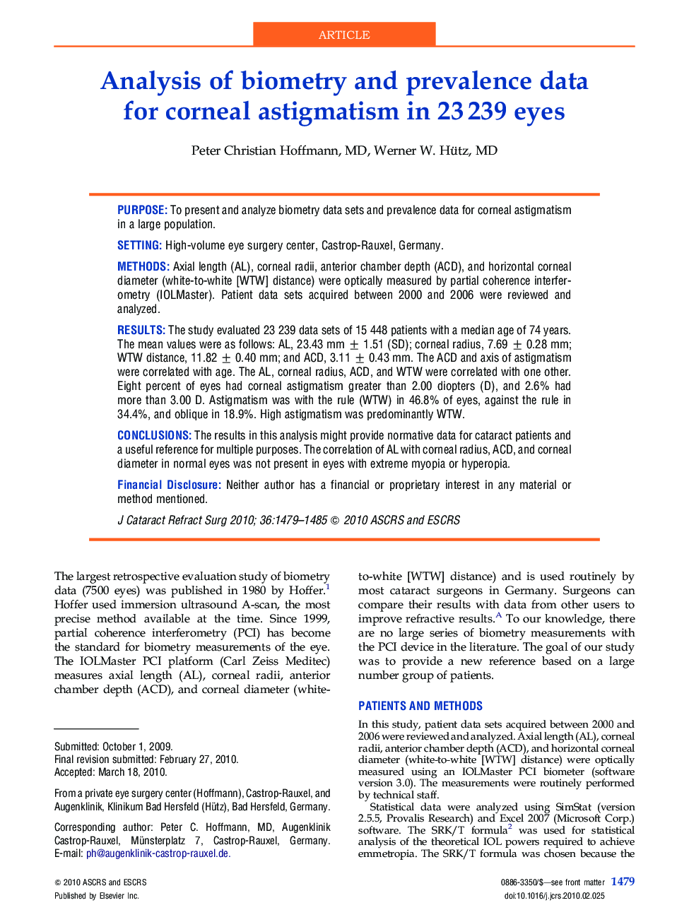 Analysis of biometry and prevalence data for corneal astigmatism in 23 239 eyes