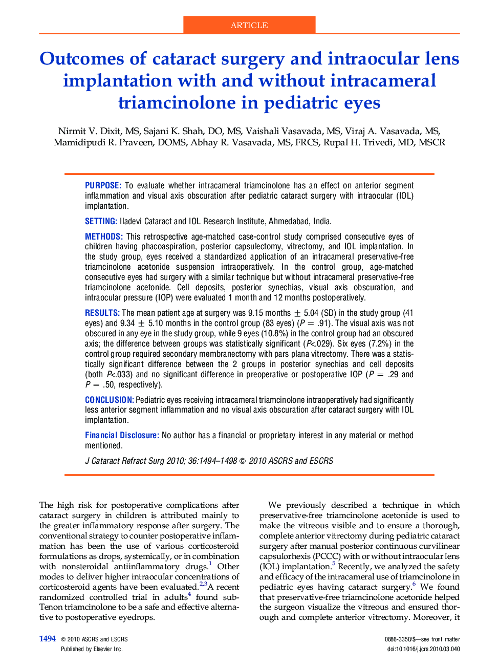 Outcomes of cataract surgery and intraocular lens implantation with and without intracameral triamcinolone in pediatric eyes