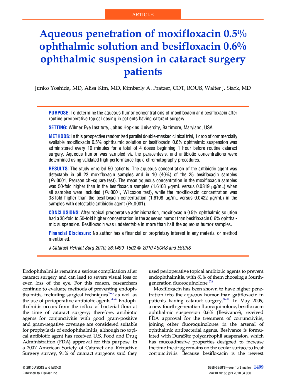 Aqueous penetration of moxifloxacin 0.5% ophthalmic solution and besifloxacin 0.6% ophthalmic suspension in cataract surgery patients