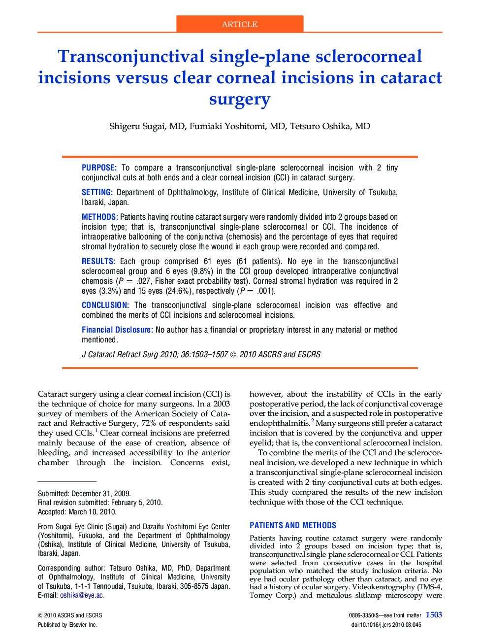 Transconjunctival single-plane sclerocorneal incisions versus clear corneal incisions in cataract surgery