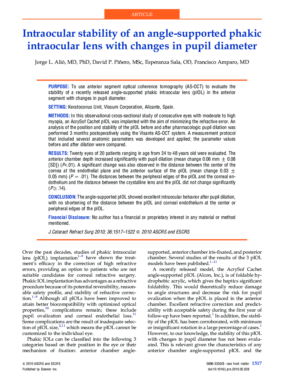 Intraocular stability of an angle-supported phakic intraocular lens with changes in pupil diameter