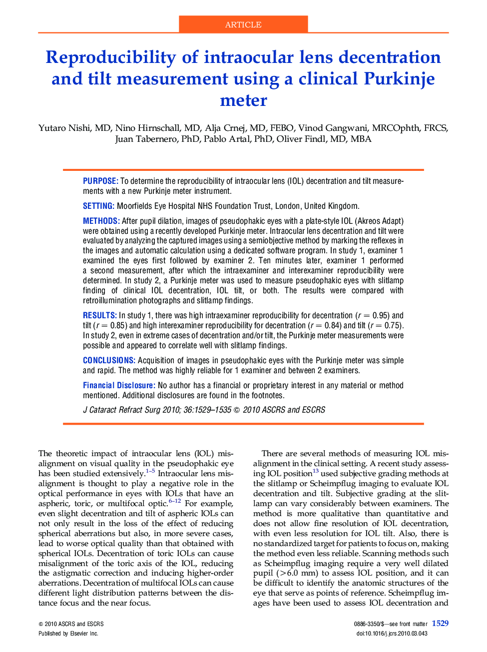 Reproducibility of intraocular lens decentration and tilt measurement using a clinical Purkinje meter