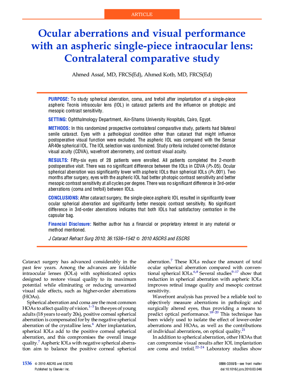 Ocular aberrations and visual performance with an aspheric single-piece intraocular lens: Contralateral comparative study