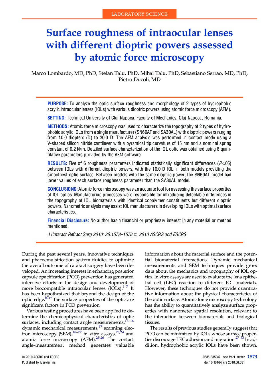 Surface roughness of intraocular lenses with different dioptric powers assessed by atomic force microscopy
