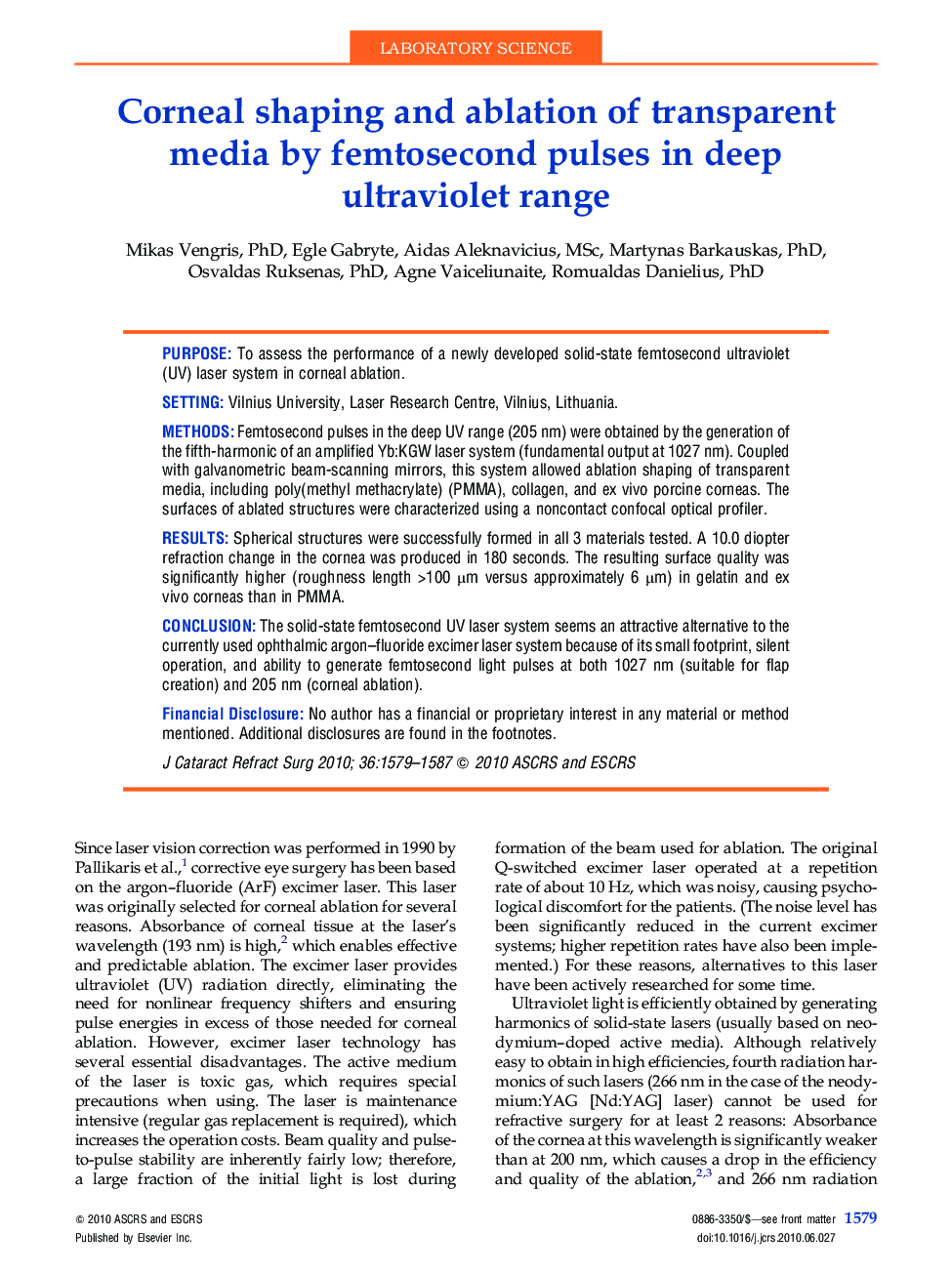 Corneal shaping and ablation of transparent media by femtosecond pulses in deep ultraviolet range