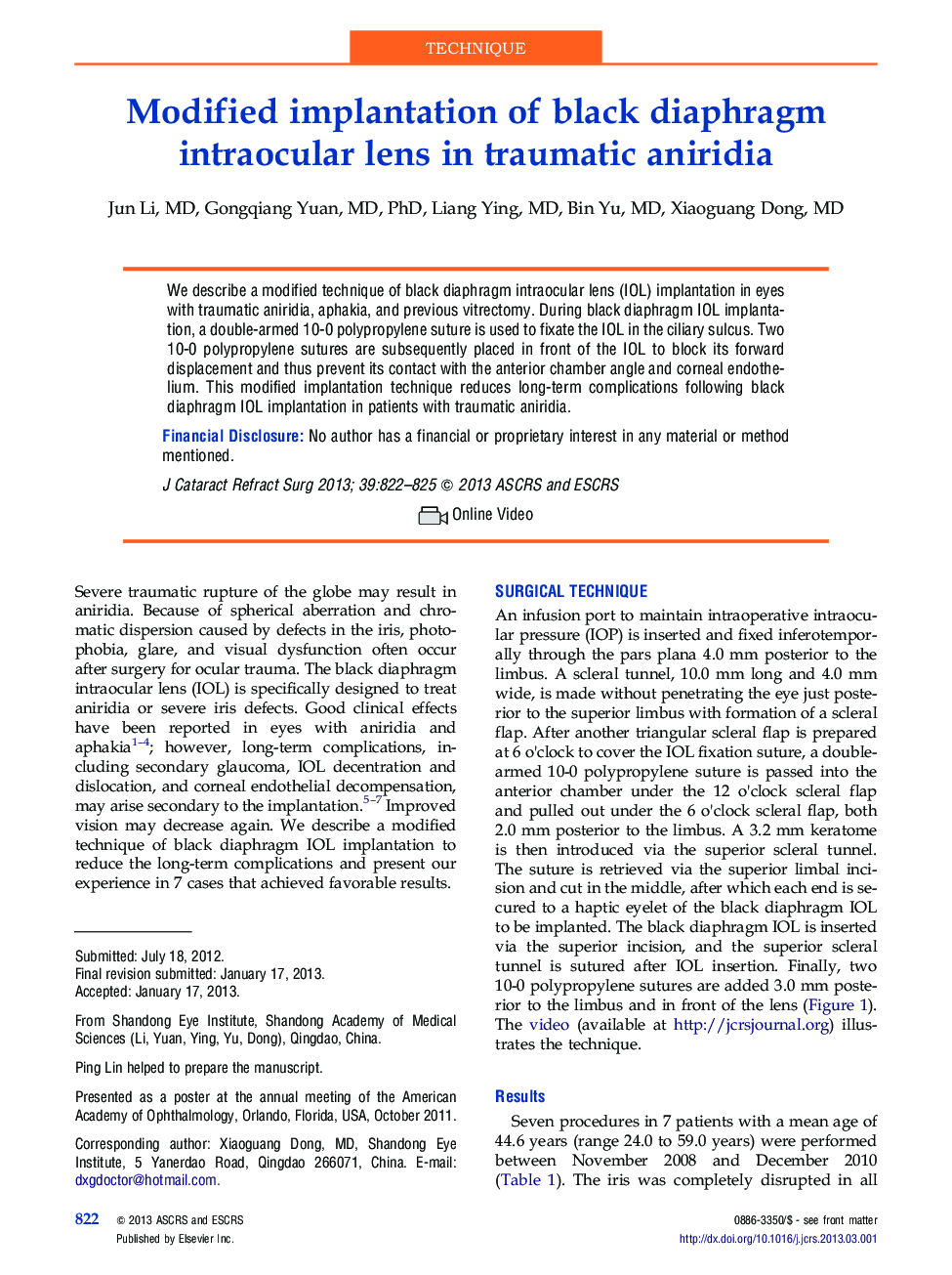 Modified implantation of black diaphragm intraocular lens in traumatic aniridia