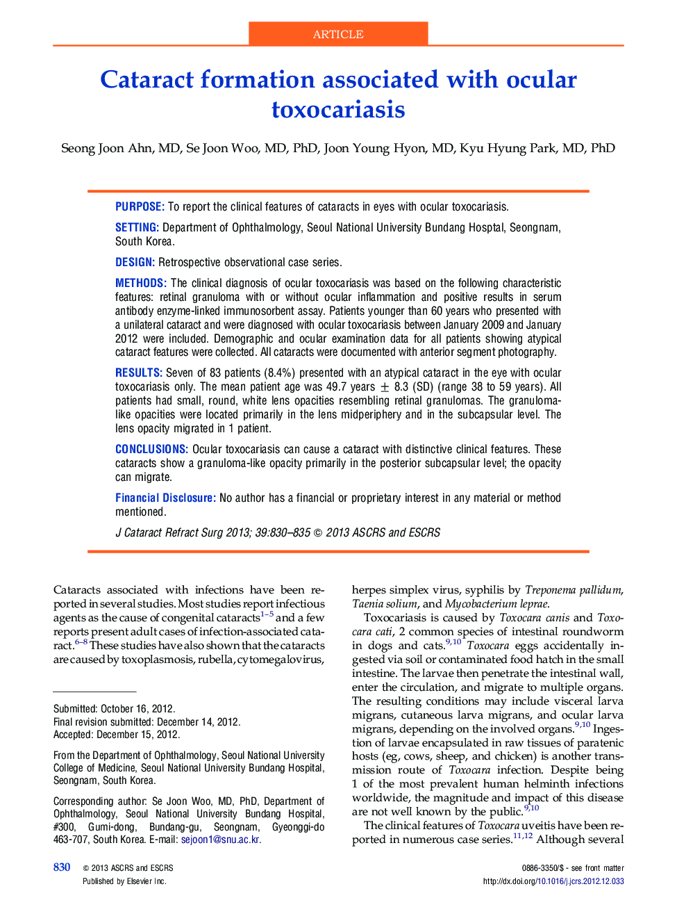 Cataract formation associated with ocular toxocariasis