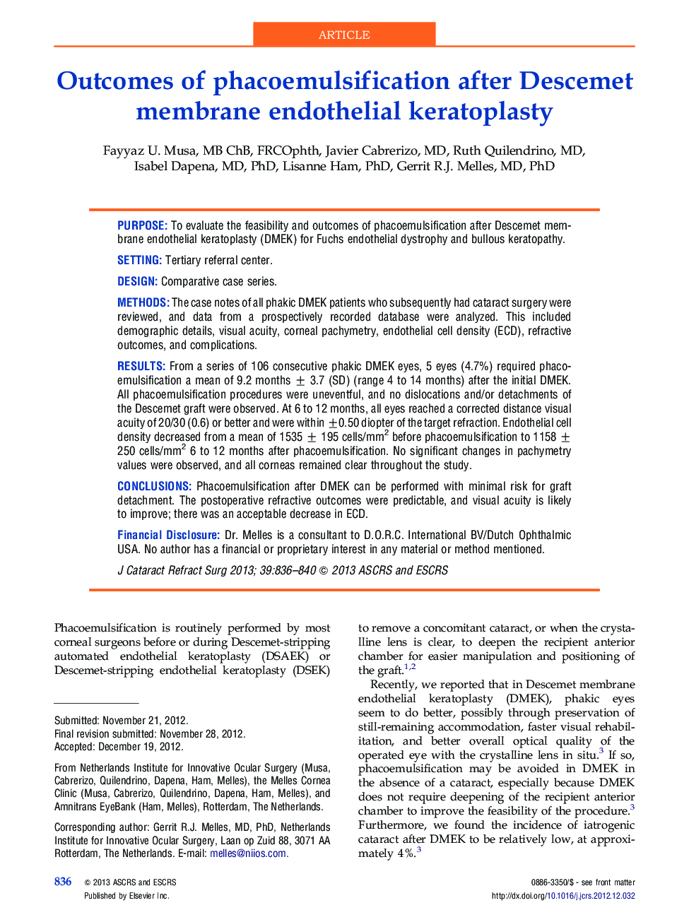 Outcomes of phacoemulsification after Descemet membrane endothelial keratoplasty
