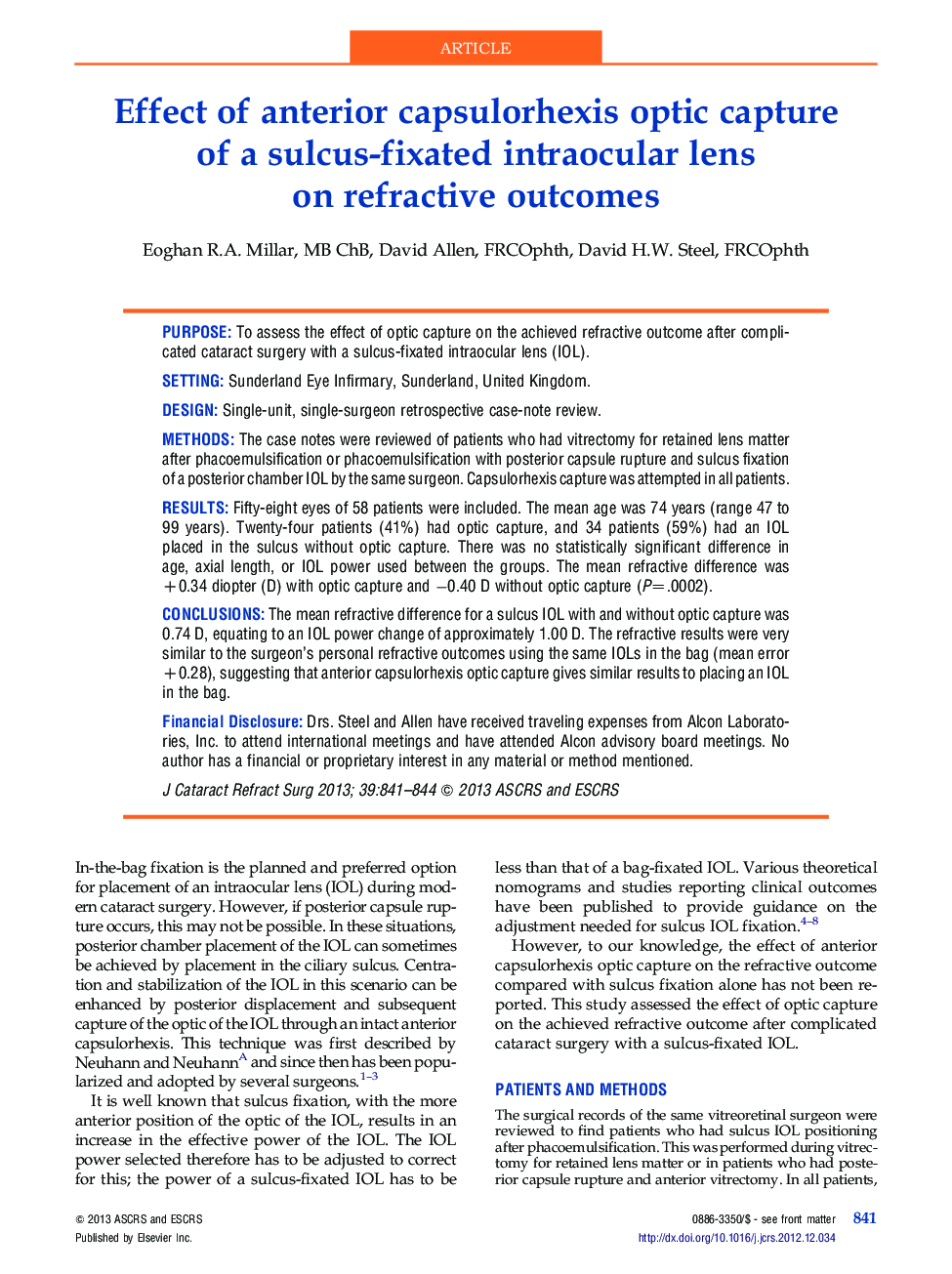 Effect of anterior capsulorhexis optic capture of a sulcus-fixated intraocular lens on refractive outcomes