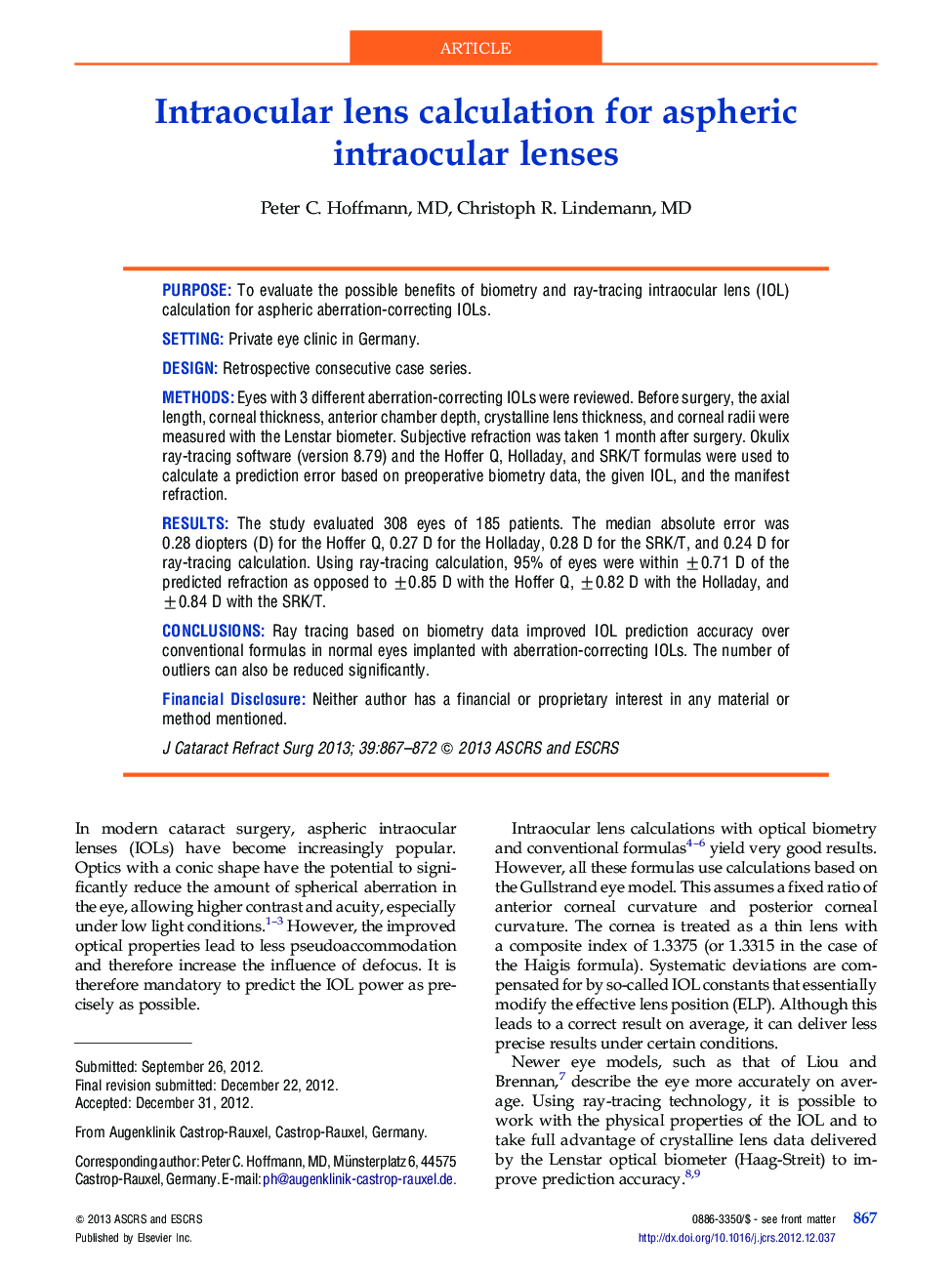 Intraocular lens calculation for aspheric intraocular lenses