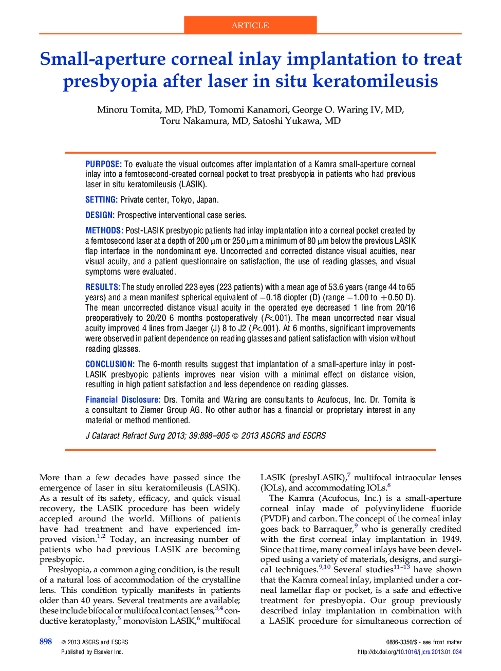 Small-aperture corneal inlay implantation to treat presbyopia after laser in situ keratomileusis